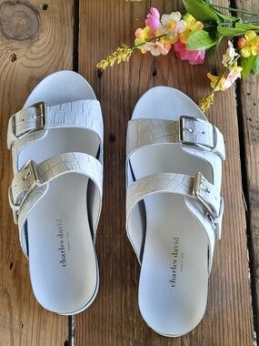 Charles David White Croc-Print Smooth Buckle Slide Sandals.